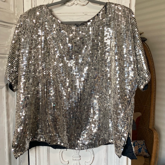 Vintage Silver Sequins Top XL 2X Deadstock Silk Boxy Crop Disco Jewel Queen - Picture 8 of 11